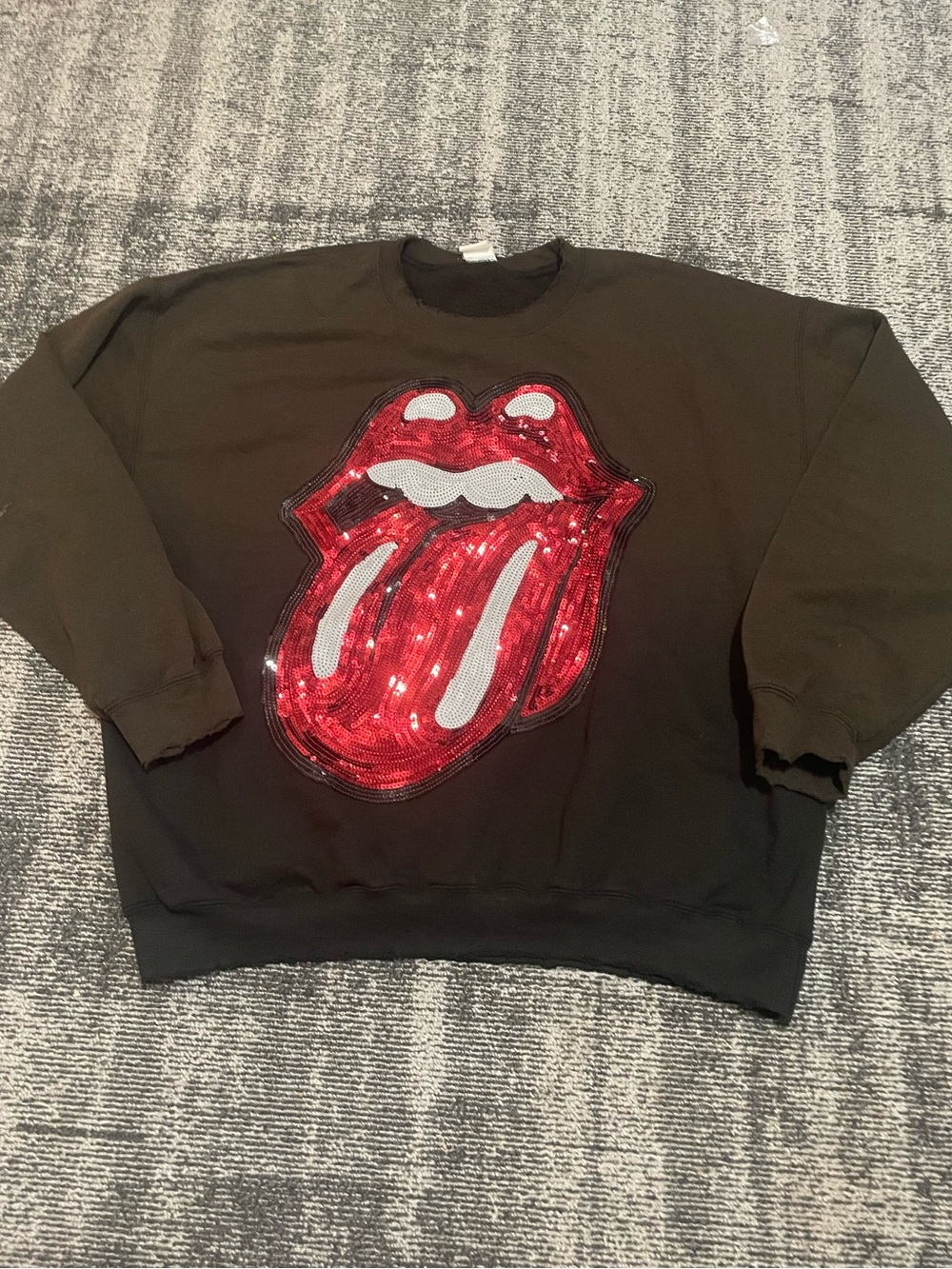 MadeWorn Black Crewneck with Red Sequin Tongue Patch